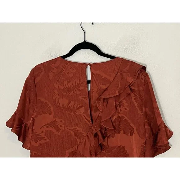 Cinq A Sept Silk Top Blouse Ruffle Asymmetric Size Medium Rust Orange Jacquard - Picture 10 of 15